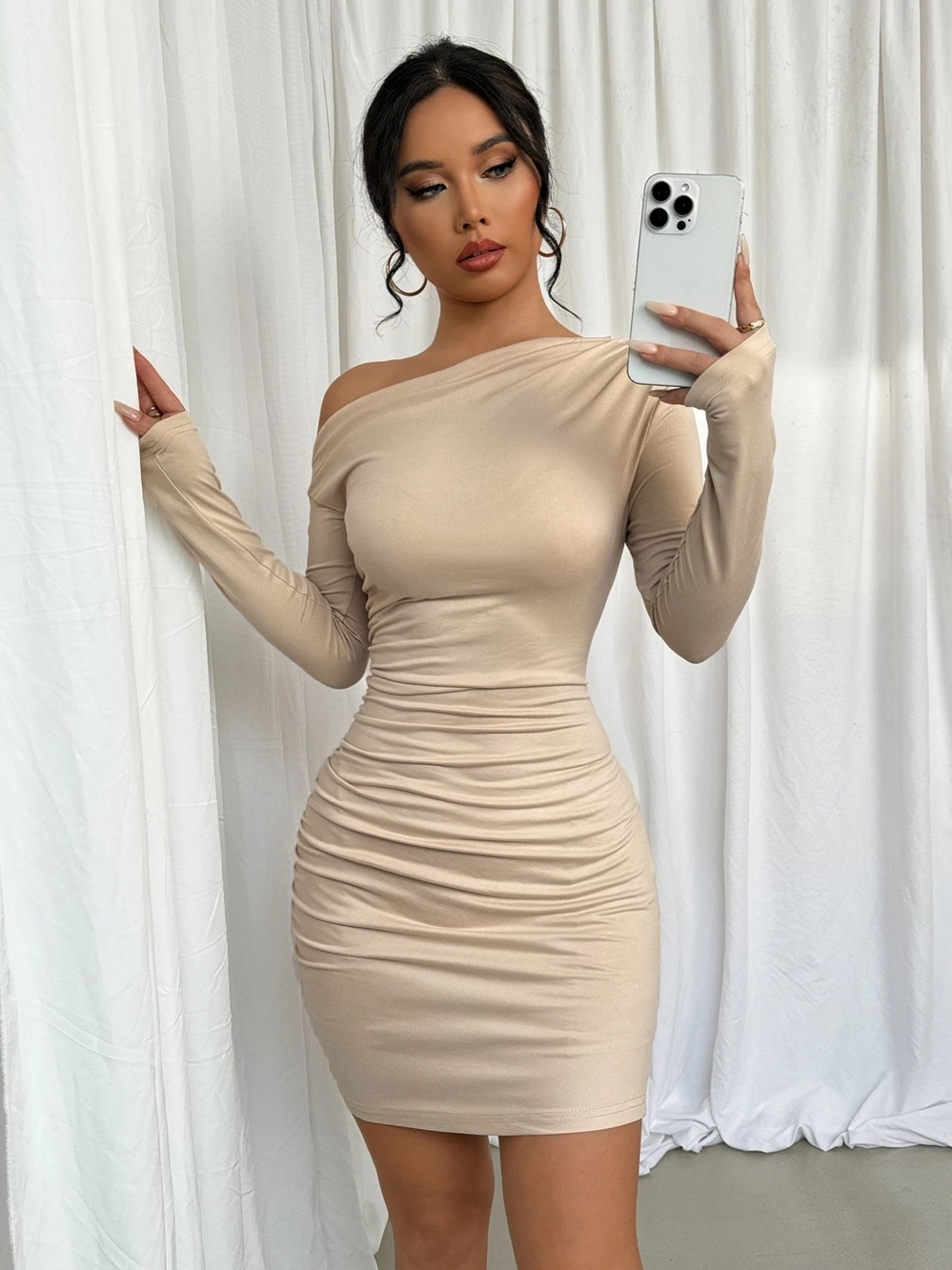 SHEIN One-Shoulder Ruched Mini Dress - Beige